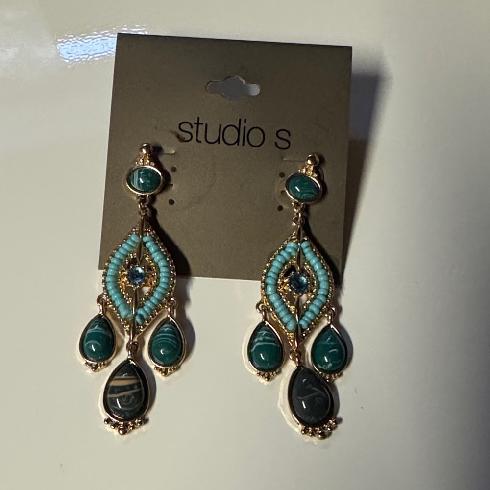 NWT Studio Gold and Teal Peacock Statement Earrings